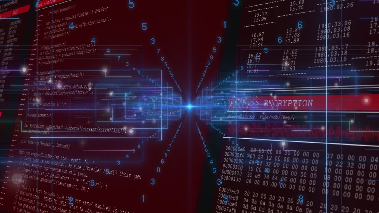 Numbers and code animating on red background, digital encryption and data processing