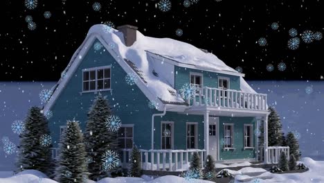 Animation-Von-Schnee,-Der-über-Das-Haus-In-Der-Winterlandschaft-Fällt