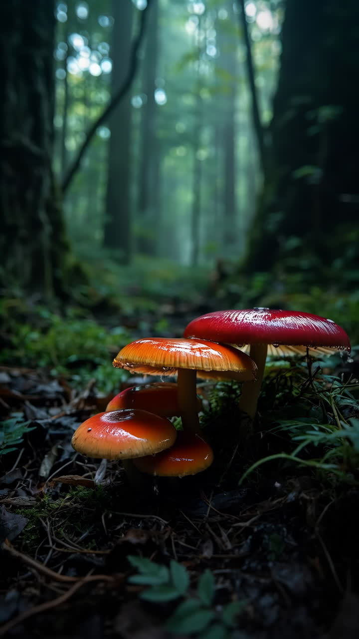 Vibrant Mushrooms in a Misty Forest