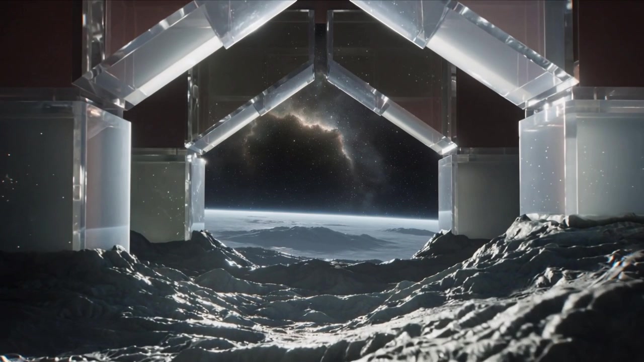 Pushing camera view after glint shift, revealing hex arch on regolith toward planet limb, nebula