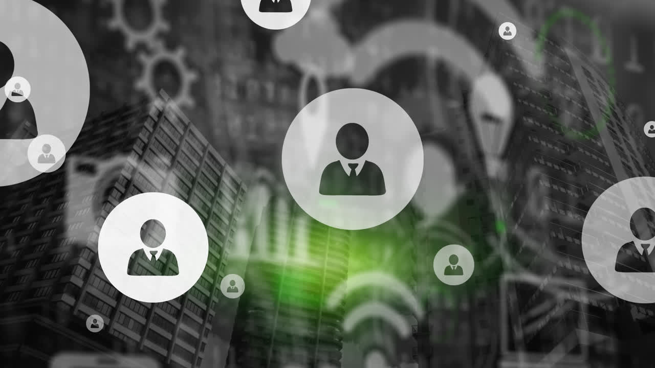 animación de la red de conexiones con iconos sobre el paisaje urbano