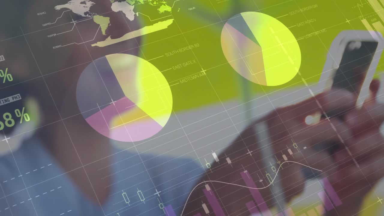 animación de estadísticas y procesamiento de datos sobre mujeres que usan teléfonos inteligentes