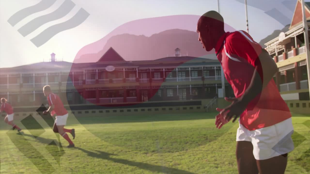Fløyte utenfor skjermen starter tre idrettsutøvere som spurter på en rugbybane og passerer målstreker for trening