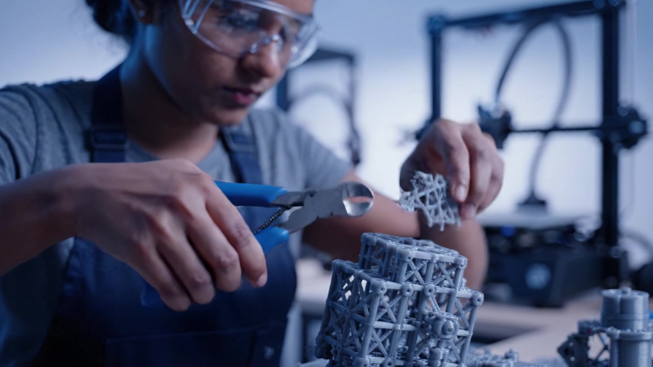 Seorang individu yang fokus dengan cermat merakit struktur cetakan 3D yang rumit menggunakan alat presisi di lingkungan bengkel modern yang dirancang untuk kreativitas dan inovasi