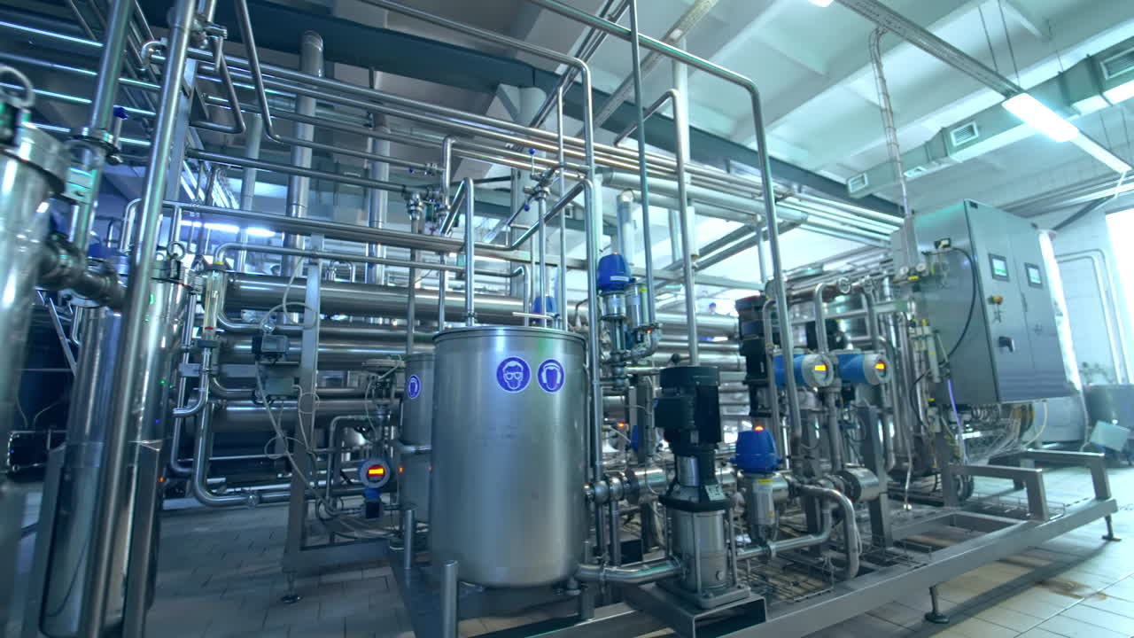 Inside the milk products factory. Complicated system of pipelines, cisterns and tubes and sensors at the dairy manufacturing plant.