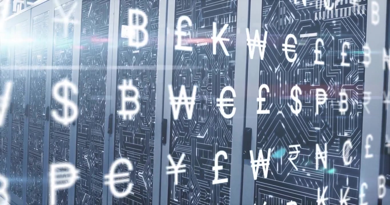 Currency symbols appearing before server racks, swirling falling rising and showcasing finance flow