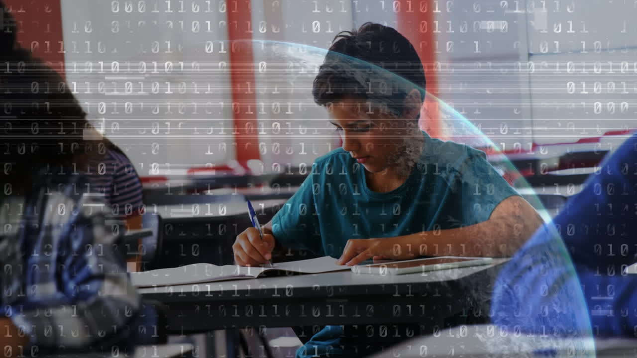 Animation of binary code over class of diverse pupils learning at school