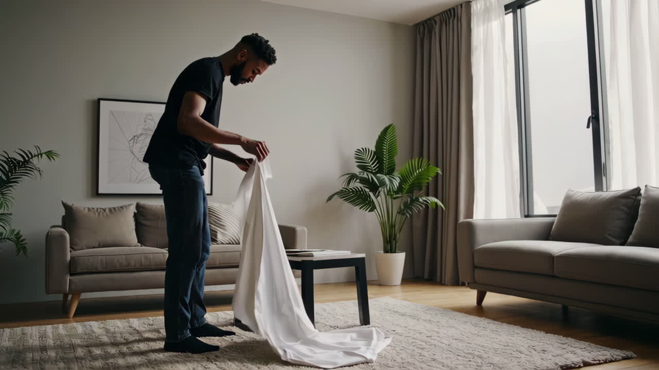 Man Folding a White Sheet in a Modern Living Room