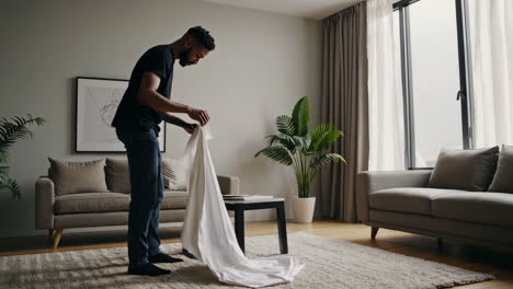 man folding a white sheet in a modern living room