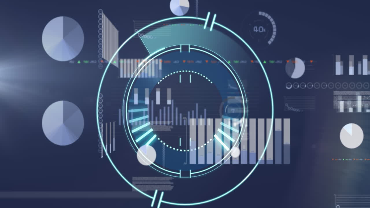 파란색 배경에 대한 통계 데이터 처리에 대한 둥근 스캐너의 애니메이션