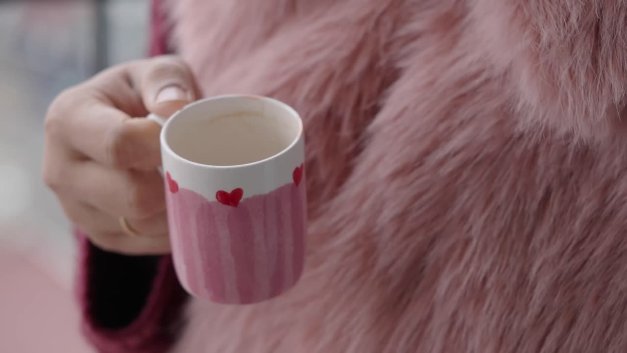 Primo piano di una persona che tiene in mano una tazza decorata con un cuore