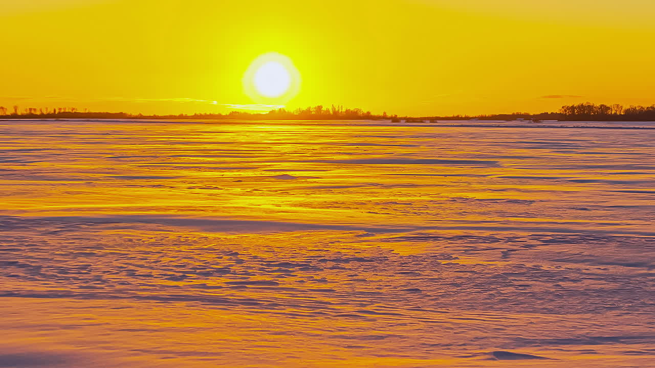 timelapse снимок захода солнца за деревья над белым замерзшим полем холодным зимним вечером