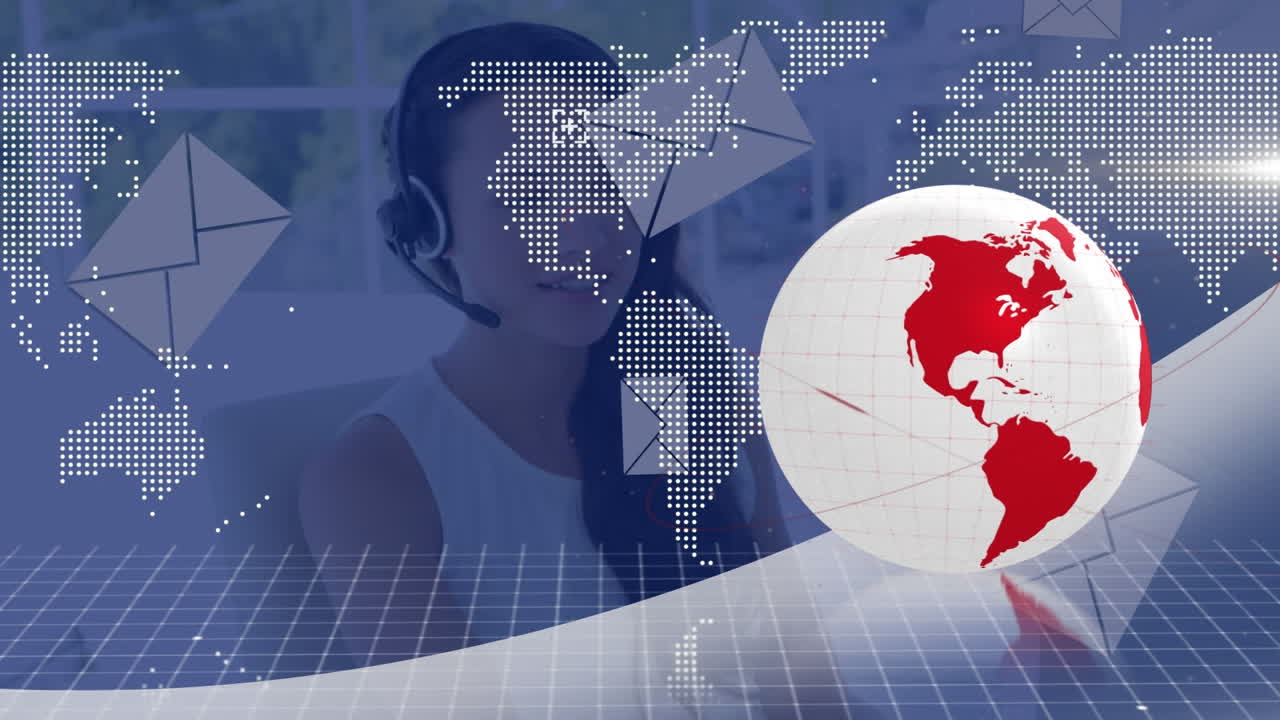 animación del globo sobre la gente de negocios usando auriculares de teléfono