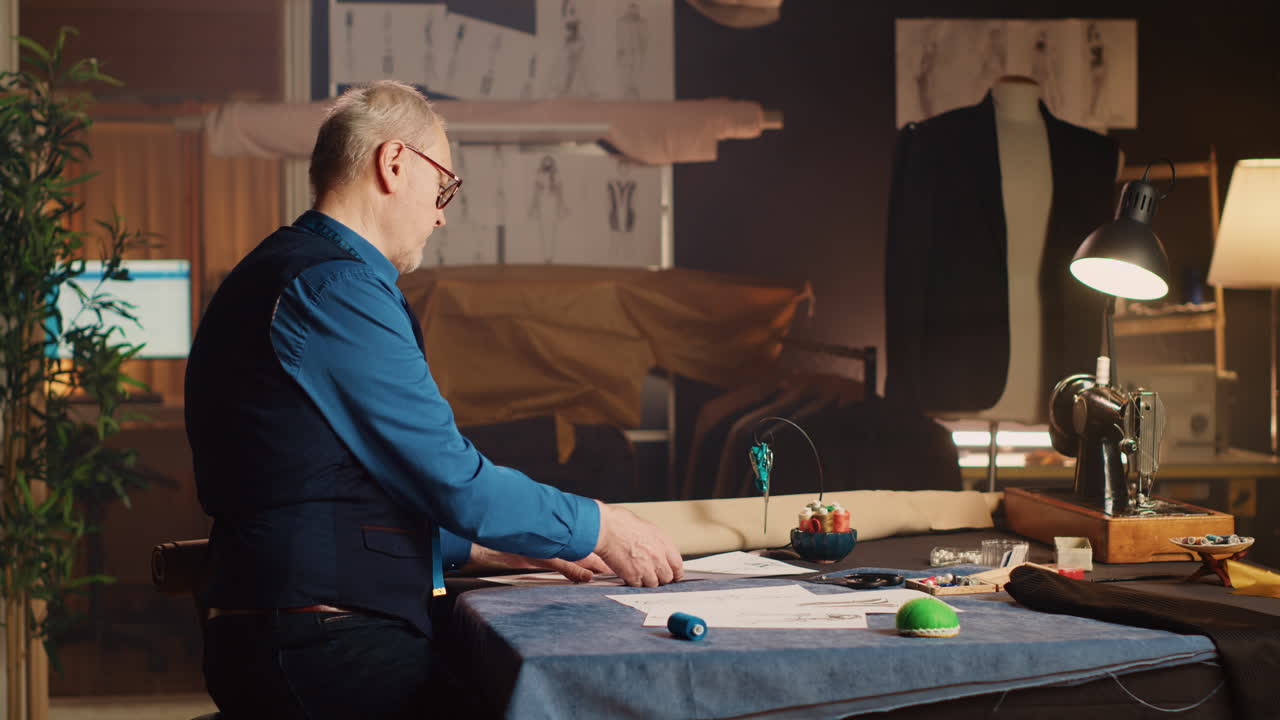 スケッチをレビューする経験豊富な裁縫師