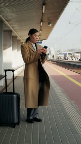 woman waiting at train station using mobile phone