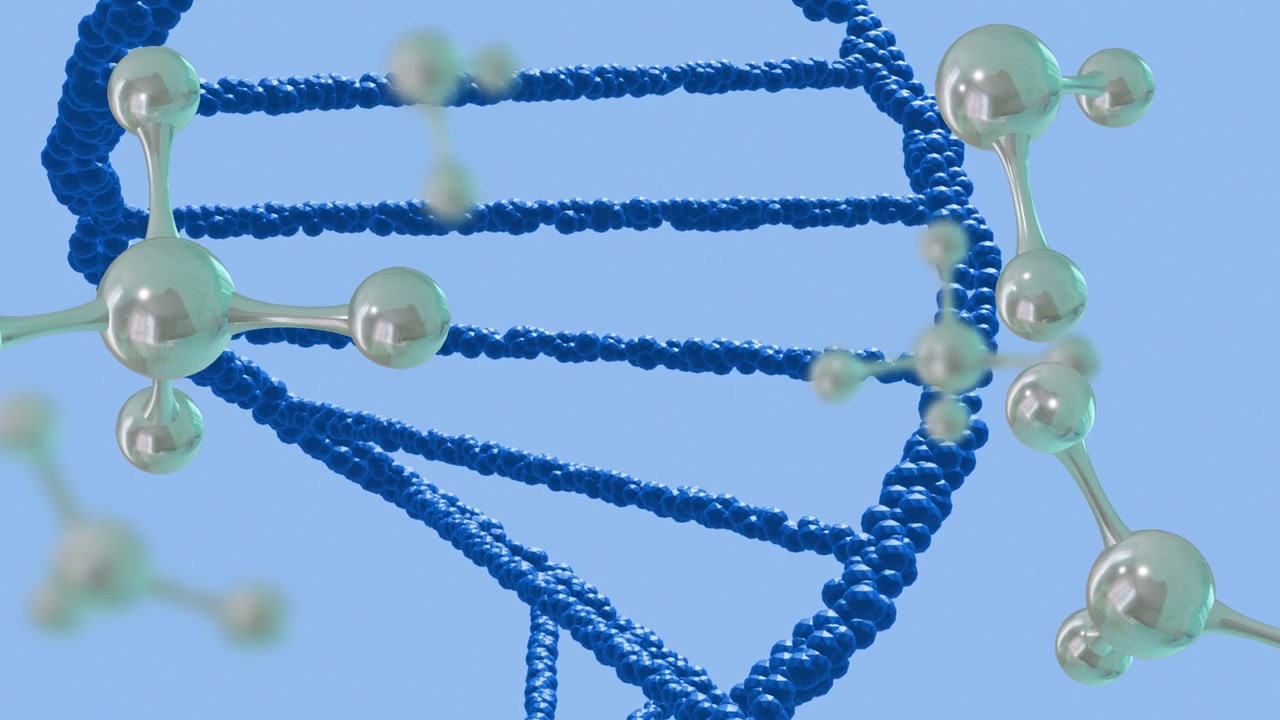 On start blue DNA helix rotating and tilting while silver molecules drifting to visualize structure
