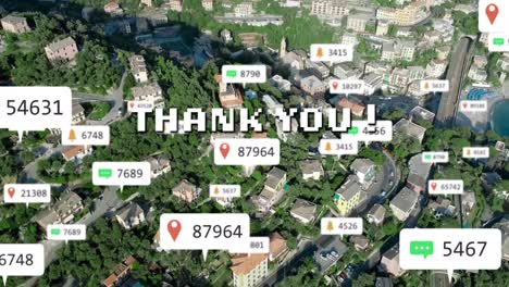 animation of thank you text and numbers growing over cityscape