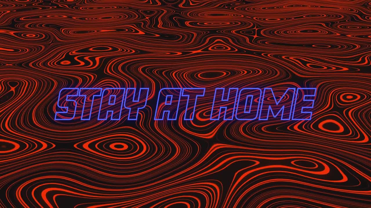animación de palabras de neón azul quedarse en casa sobre fondo líquido rojo