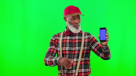 Dancing,-phone-and-senior-black-man-pointing