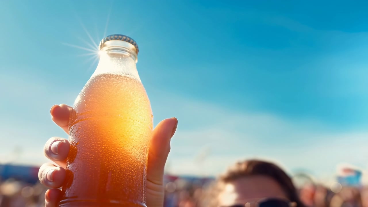 Middle frame shows a hand holding a beer bottle in the foreground with a clear sunny beach and blurred crowd in the background, conveying a casual outdoor