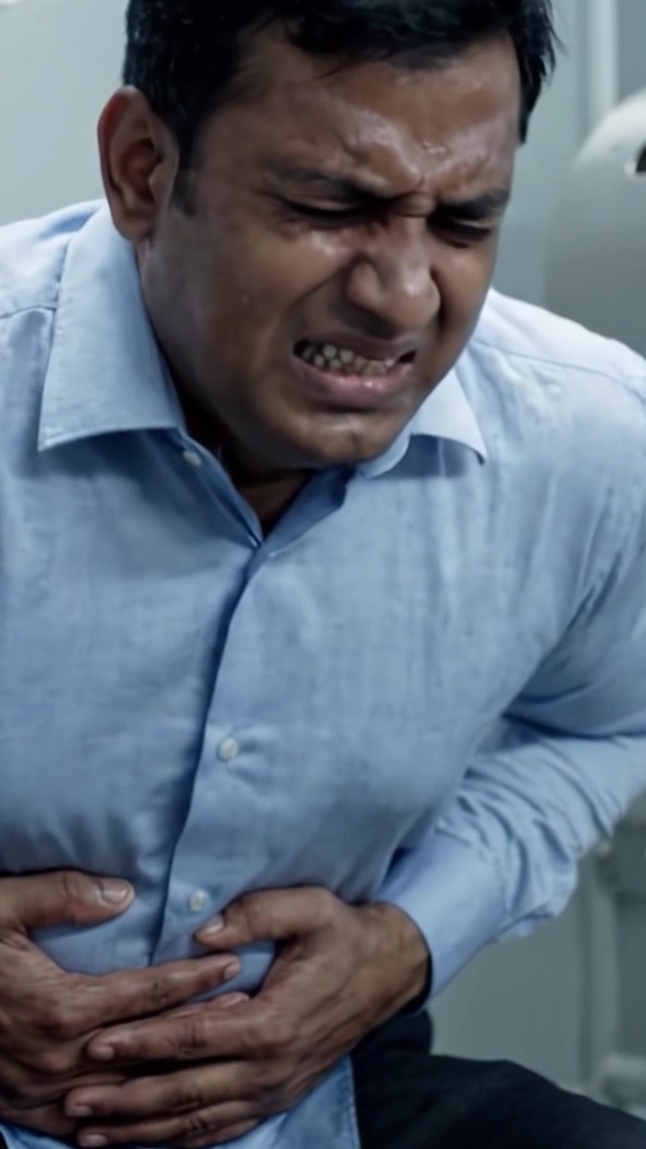 Intense Physical Distress: A Man Experiencing Severe Abdominal Pain and Discomfort While Sitting in a Clinical Environment