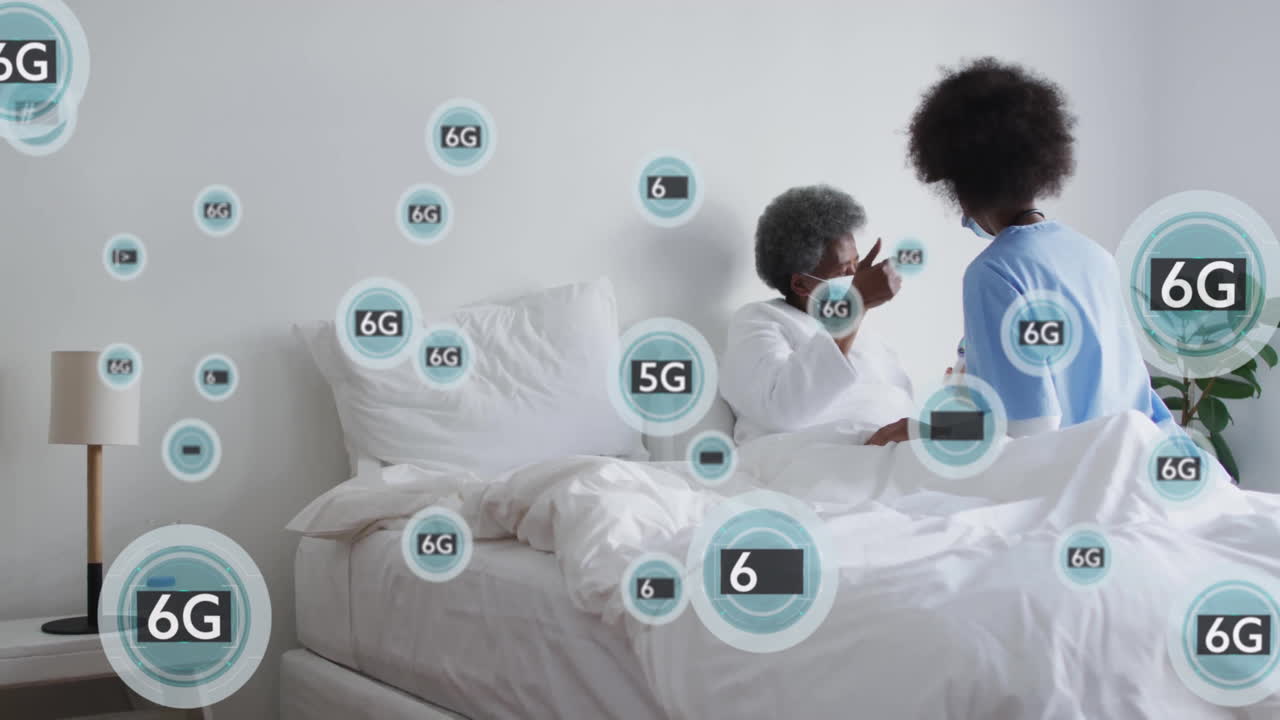 Assisting elderly person in bed, healthcare professional using animation technology