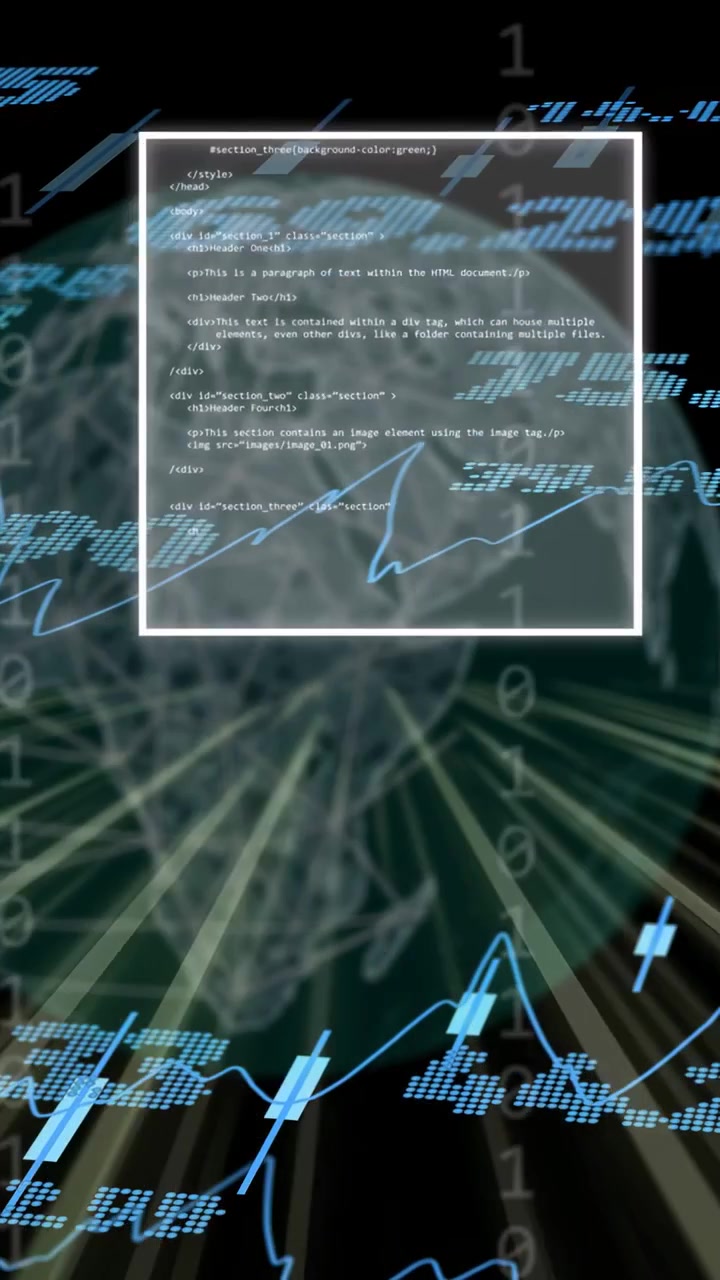 Vertikales Video: Digitaler Globus mit Live-Daten rotiert, während Panels und Diagramm animiert werden und Daten zeigen