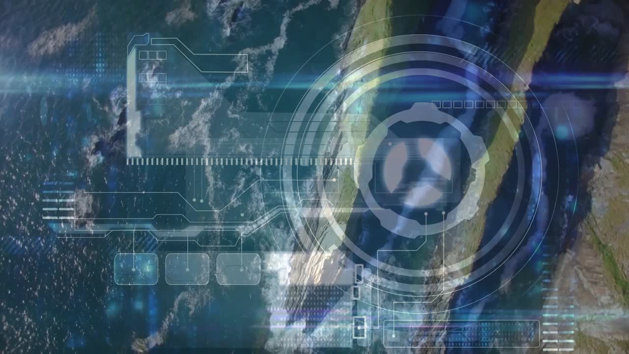 HUD activating, circular reticle rotating and shifting to lock over island, marking coast for recon