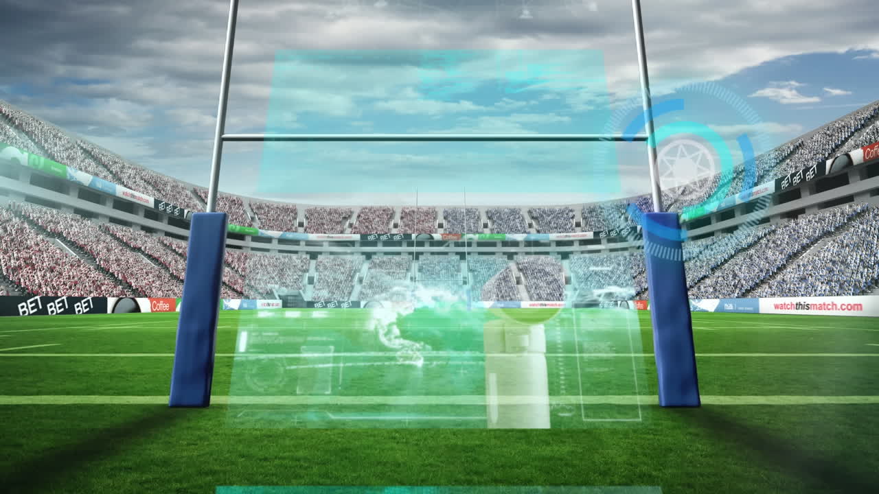animación del escáner y procesamiento de datos sobre los postes de la portería de rugby en el campo en el estadio