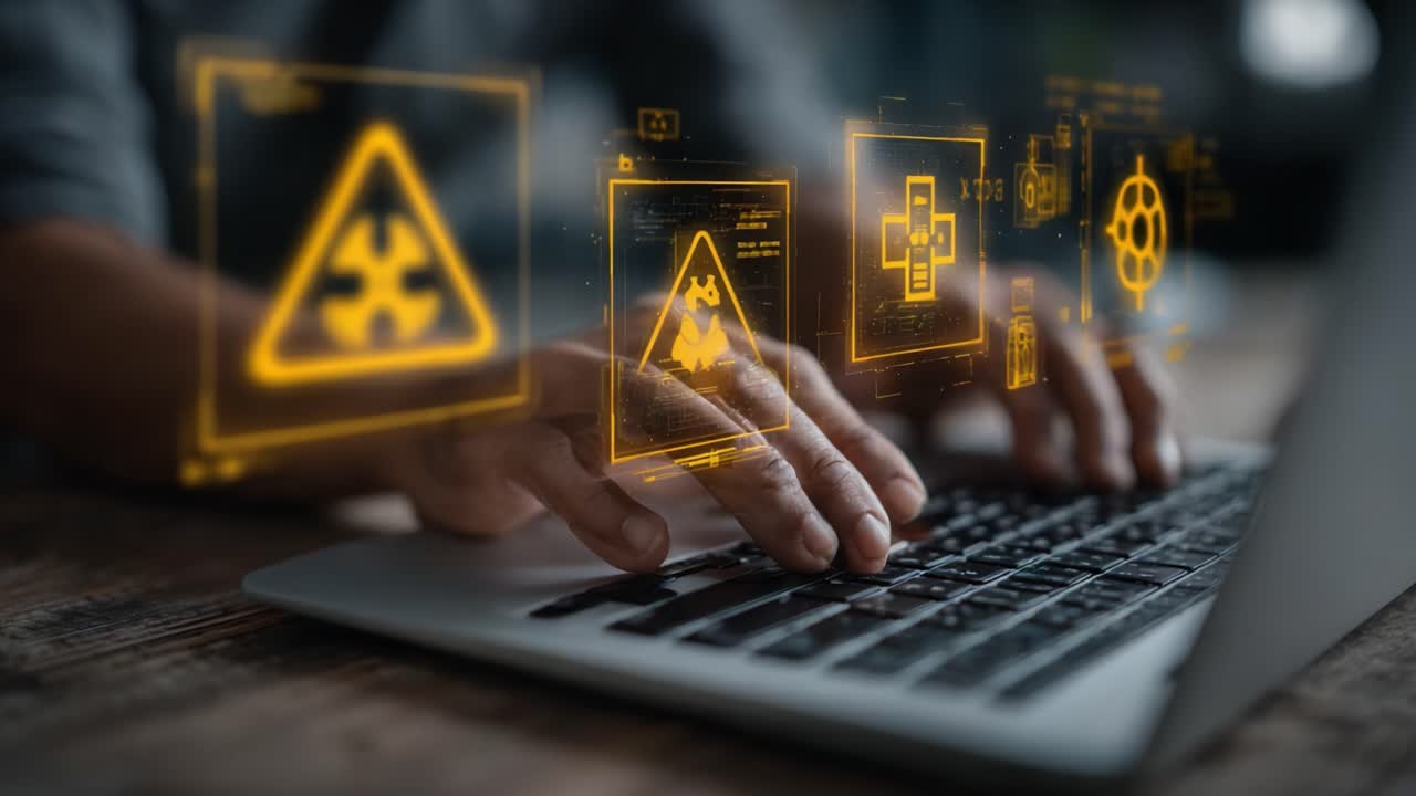 Engaging with Digital Interface: A User Interacting with a Laptop Displaying Interactive Graphics and Alerts in a Technological Workspace Environment