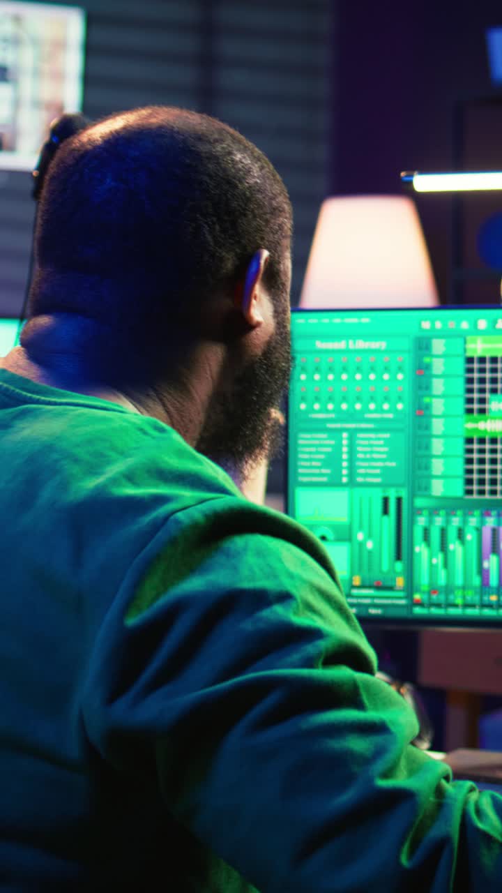 Afroamerikansk mand arbejder med musikproduktion i hjemmestudie