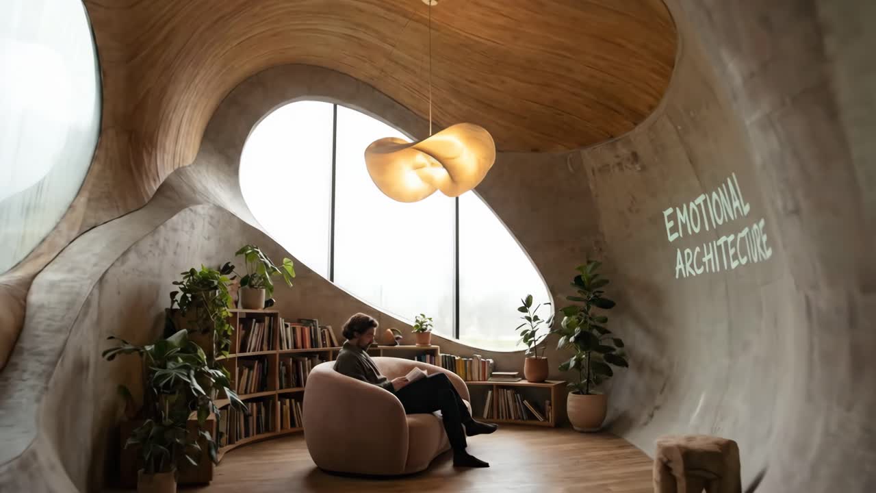 Uomo che legge un libro in un interno di architettura moderna organica