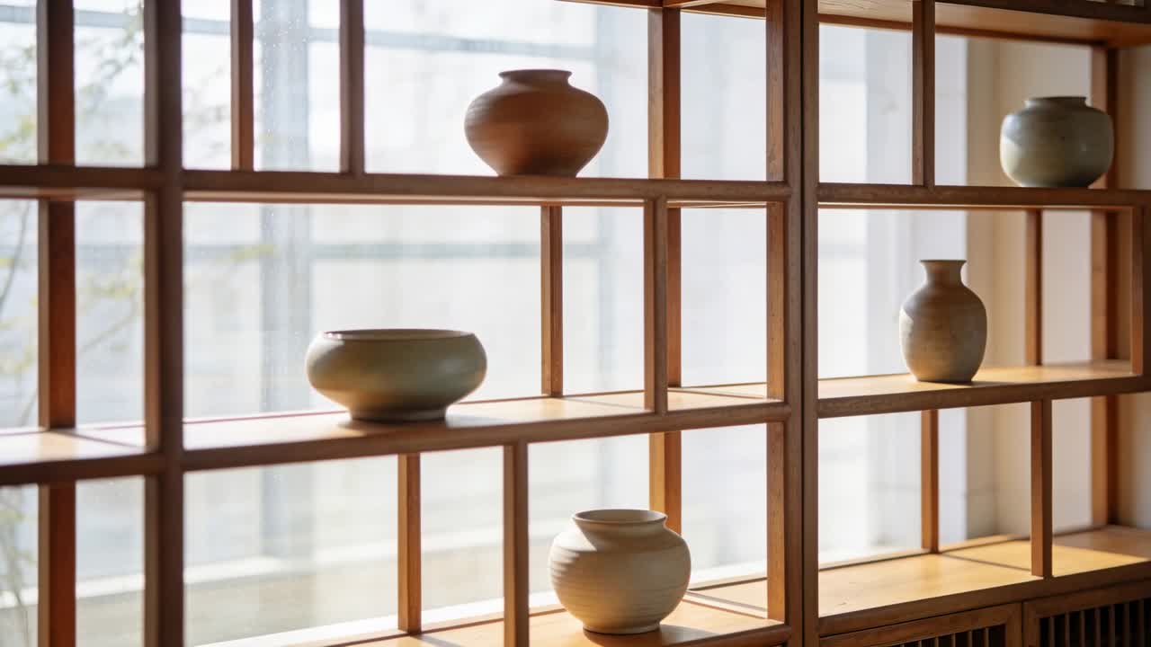Telecamera scorrevole che rivela scaffali a scomparti in legno a casa per mostrare vasi di ceramica e una finestra con luce diffusa.