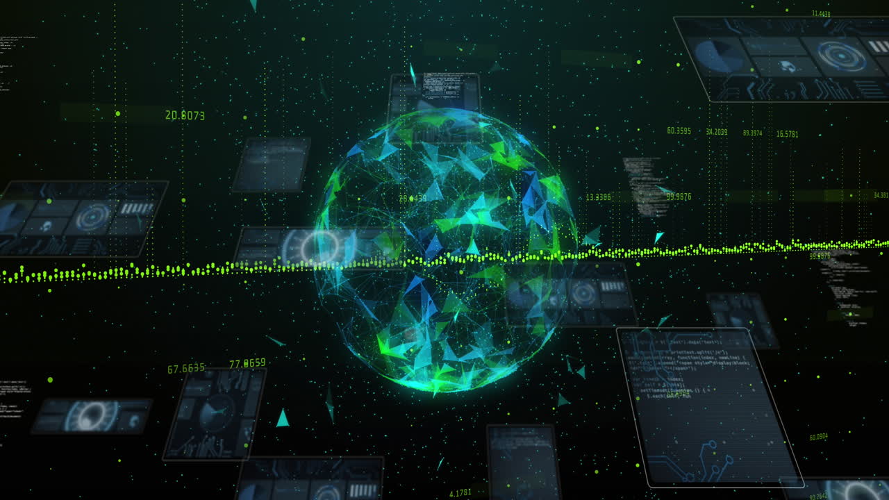 Animation of round scanners and data processing over globe of plexus networks on black background
