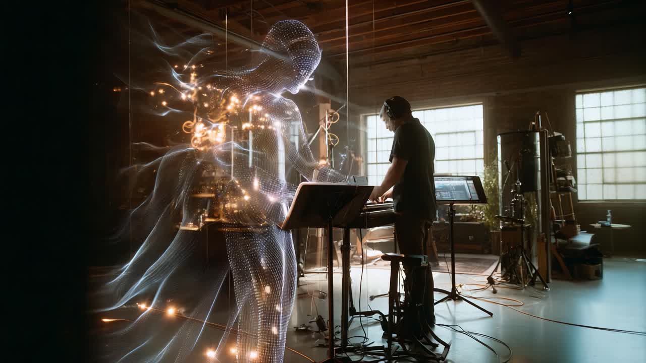 A stunning blend of technology and creativity as an ethereal glowing figure interacts with a musician, illustrating the synergy between digital art and live sound creation in a studio environment