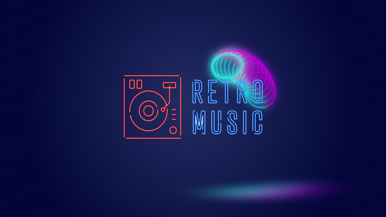 Animation von Retro-Musiktext mit Mischpult über Kreisen vor blauem Hintergrund.