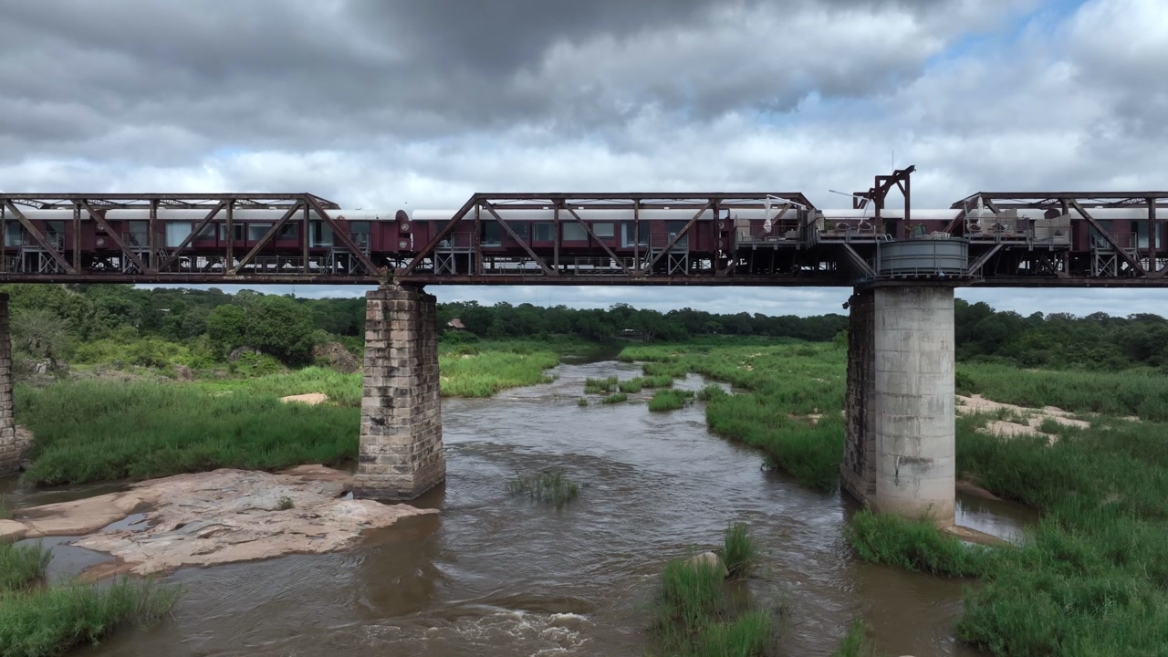 Drone flies under Kruger Shalati The Train on the Bridge. South Africa.