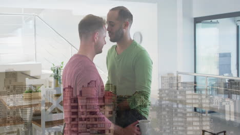 animación del paisaje urbano sobre una pareja masculina diversa abrazándose