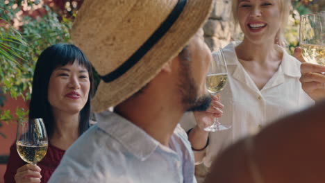 attractive asian man dancing with friends at summer dance party drinking wine enjoying summertime social gathering having fun celebrating on sunny day 4k footage