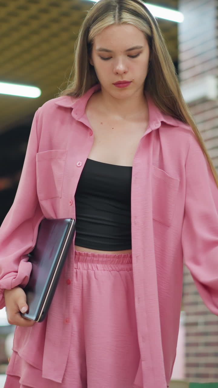 una dama blanca con un traje rosa entra en el restaurante con tres bolsas de compras en la mano derecha y una computadora portátil en la izquierda, coloca las bolsas en el asiento, se sienta y coloca la computadora portatil en la mesa