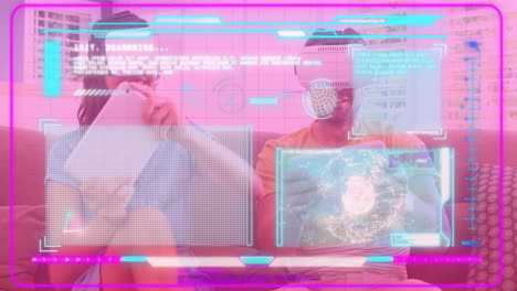 animación del procesamiento de datos sobre la pareja caucásica con auriculares vr