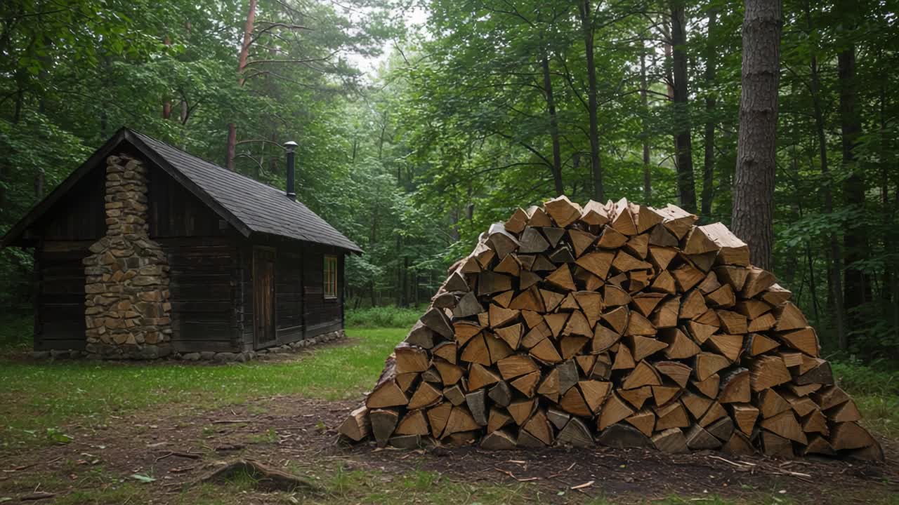 A Tranquil Cabin Surrounded by Lush Forest with a Woodpile, Perfect for Rustic Retreats and Cozy Atmospheres