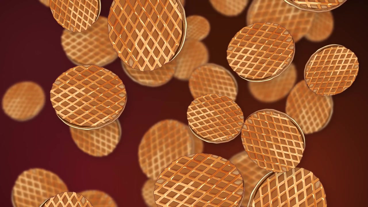 Biscotti waffle dorati cadono lentamente su uno sfondo a rete rosso scuro in animazione 3D.