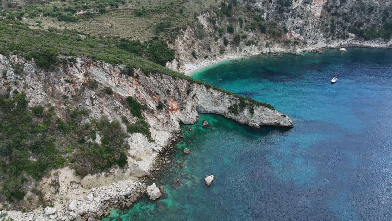 Stunning aerial view of Gjipe Beach, Albania, revealing turquoise waters and cliffs