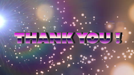 Animation-of-thank-you-text-banner-over-rainbow-lens-flare-and-spots-of-light-on-purple-background