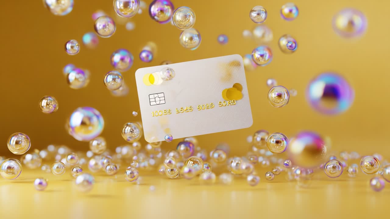 A glamorous and whimsical scene featuring a credit card surrounded by floating bubbles against a vibrant golden background, creating a sense of luxury and playfulness