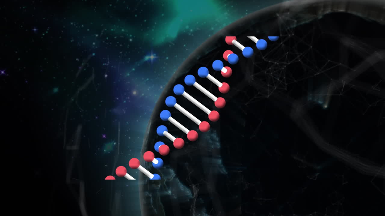 Animazione di globo e elica di DNA su rete di connessioni.