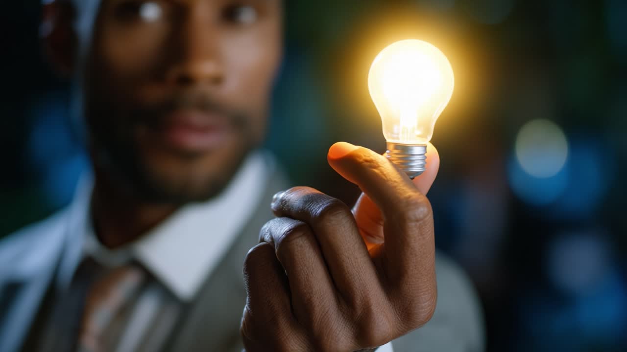 A man holds a glowing light bulb, symbolizing innovation, creativity, and inspiration, with a contemplative expression, showcasing the brilliance of new ideas emerging