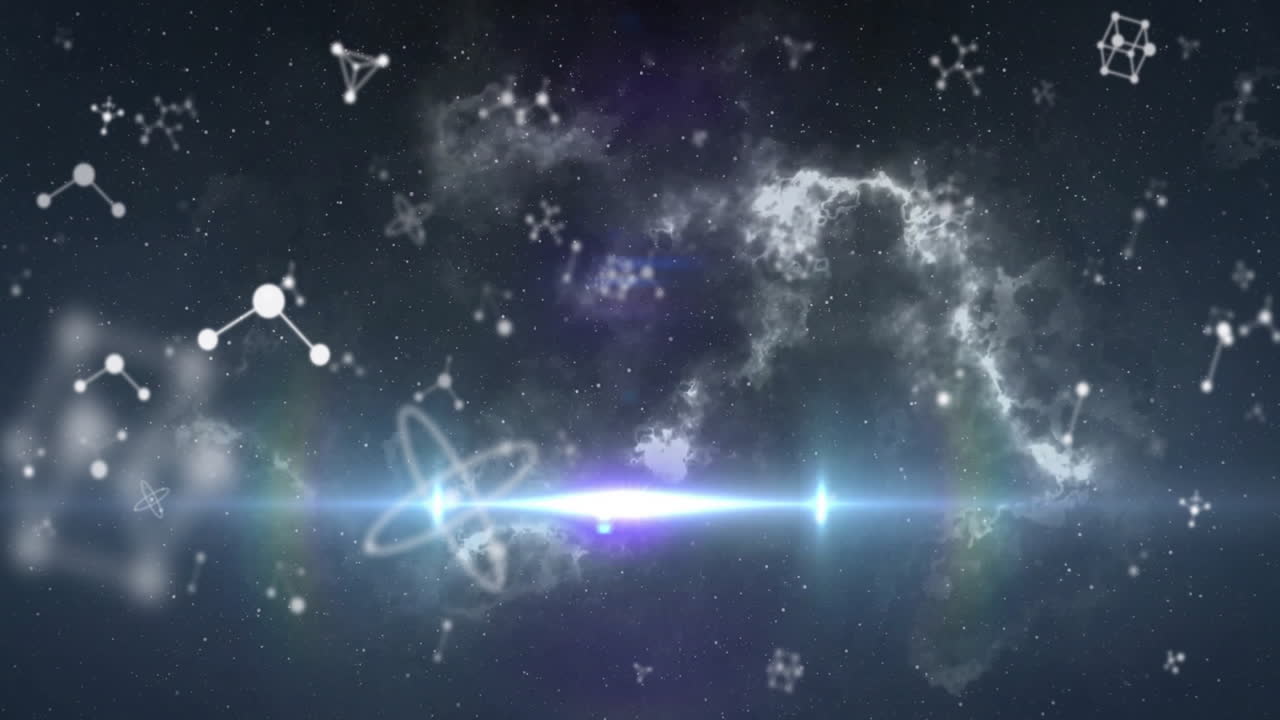 Floating molecules and atomic symbols in cosmic space, creating animation effect