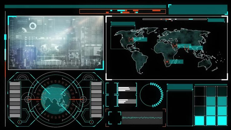 Animation of globe, cityscape, world map and data processing on black background